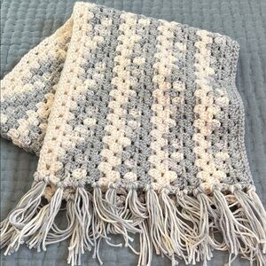 Crochet Fringe Scarf   in Gray and Cream